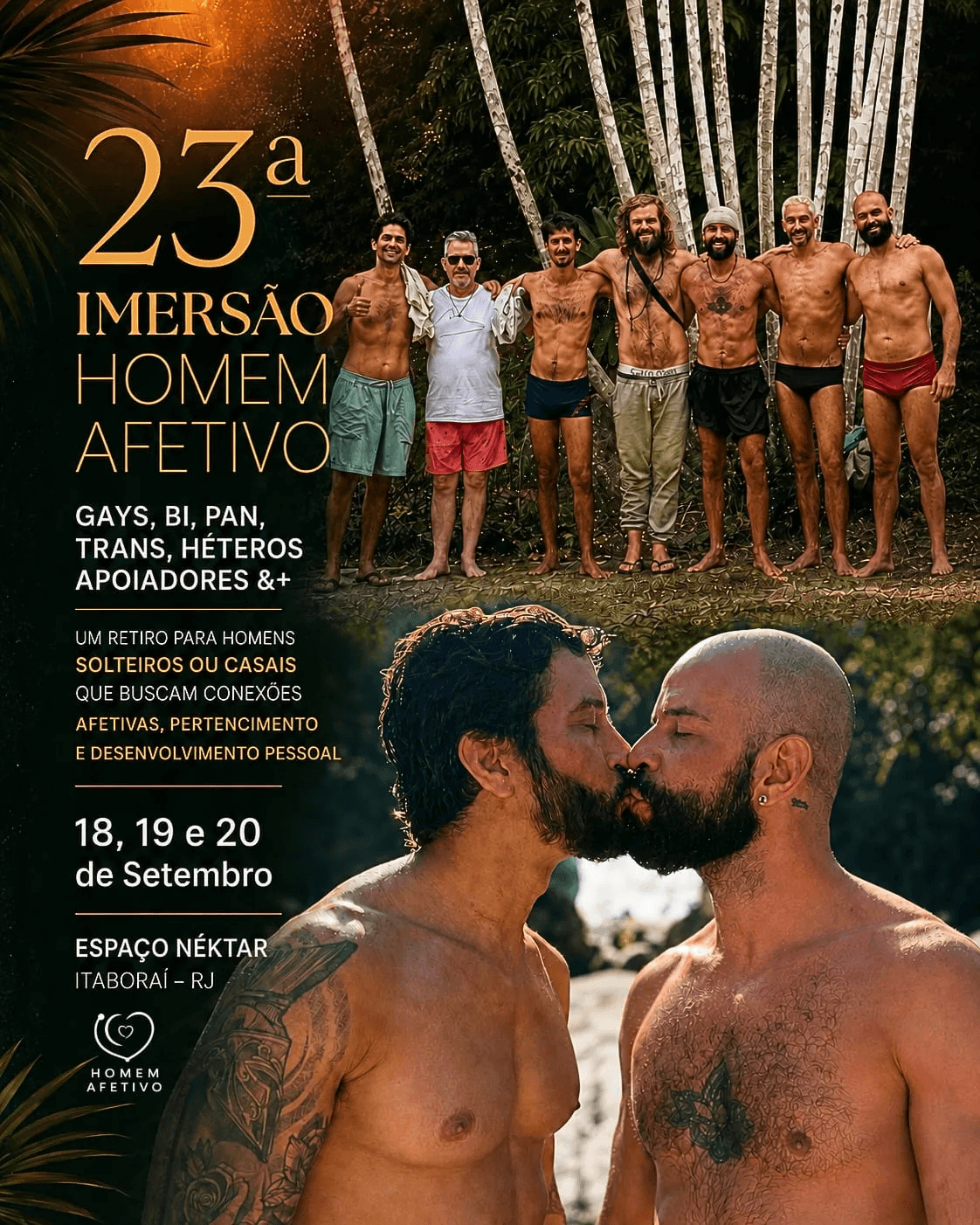 Cartaz da 23ª Imersão Homem Afetivo — para homens gays, bi, pan, trans e héteros apoiadores — 18, 19 e 20 de setembro em Itaboraí/RJ