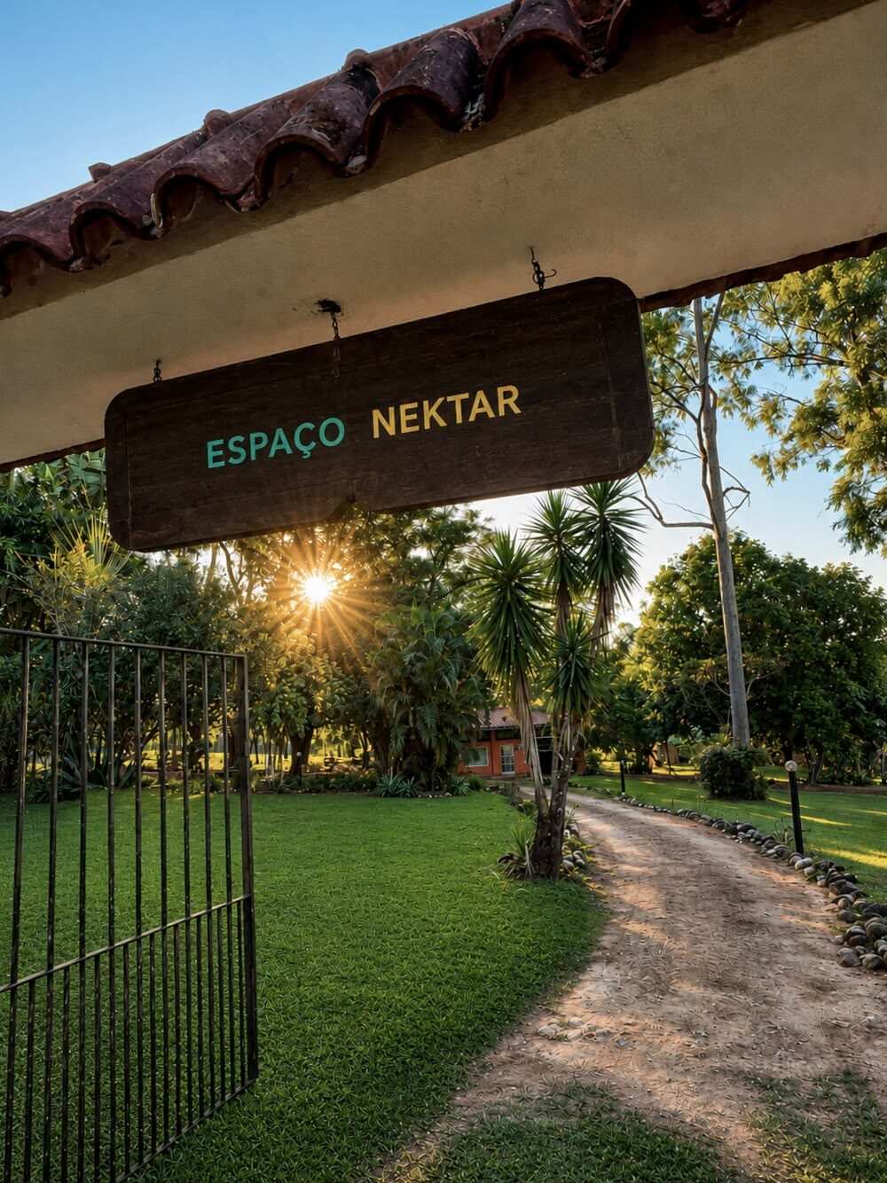 Placa de madeira 'Espaço Néktar' na entrada, com o sol se pondo em estrela entre as árvores e o caminho de terra ao fundo