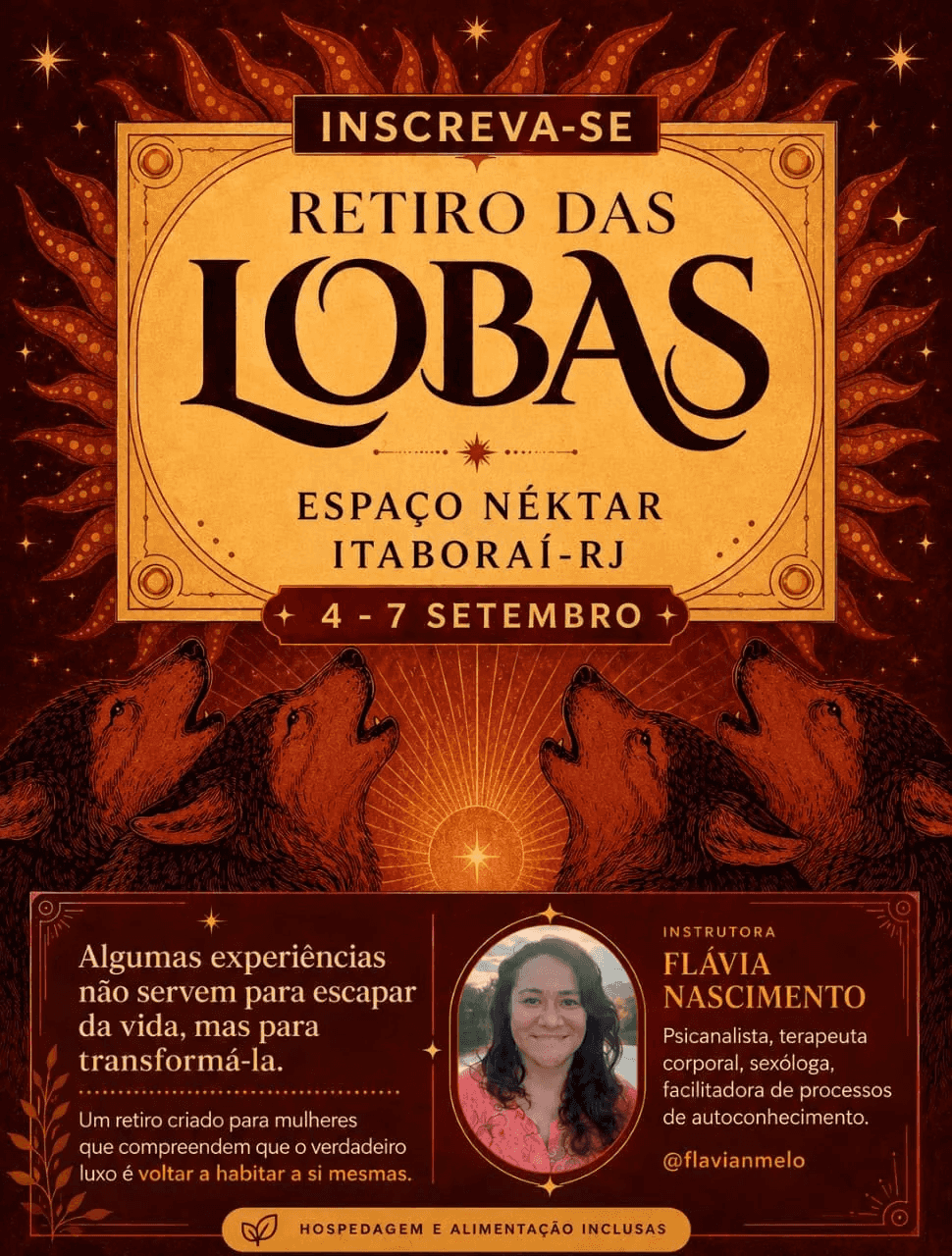 Cartaz do Retiro das Lobas — quatro lobas uivando sob um sol vermelho — 4 a 7 de setembro no Espaço Néktar, Itaboraí/RJ