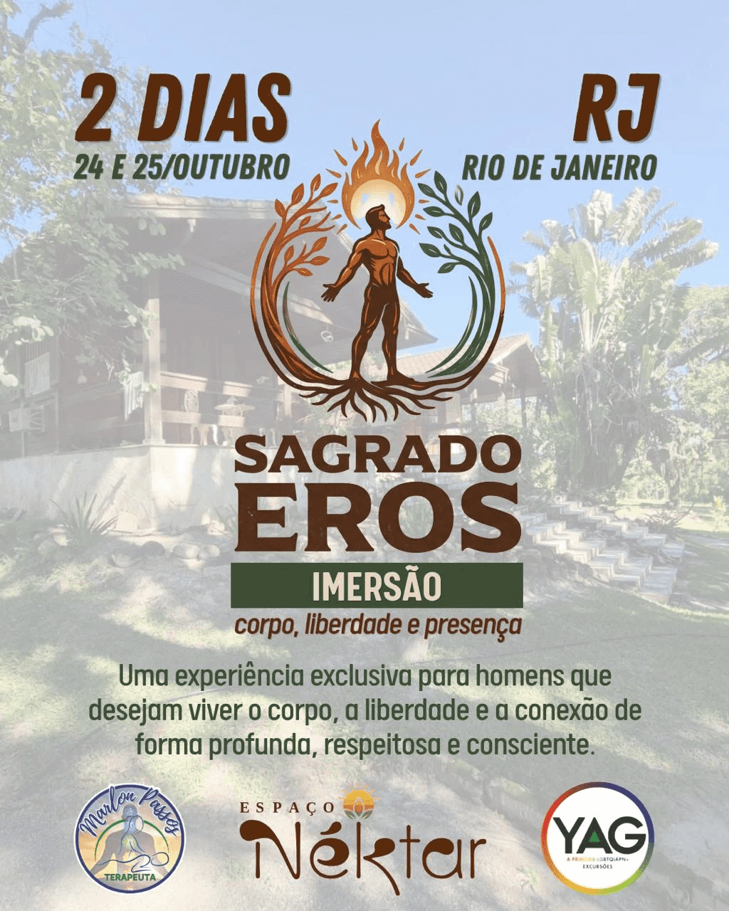 Cartaz do Sagrado Eros — imersão de 2 dias, 24 e 25 de outubro, Rio de Janeiro: corpo, liberdade e presença