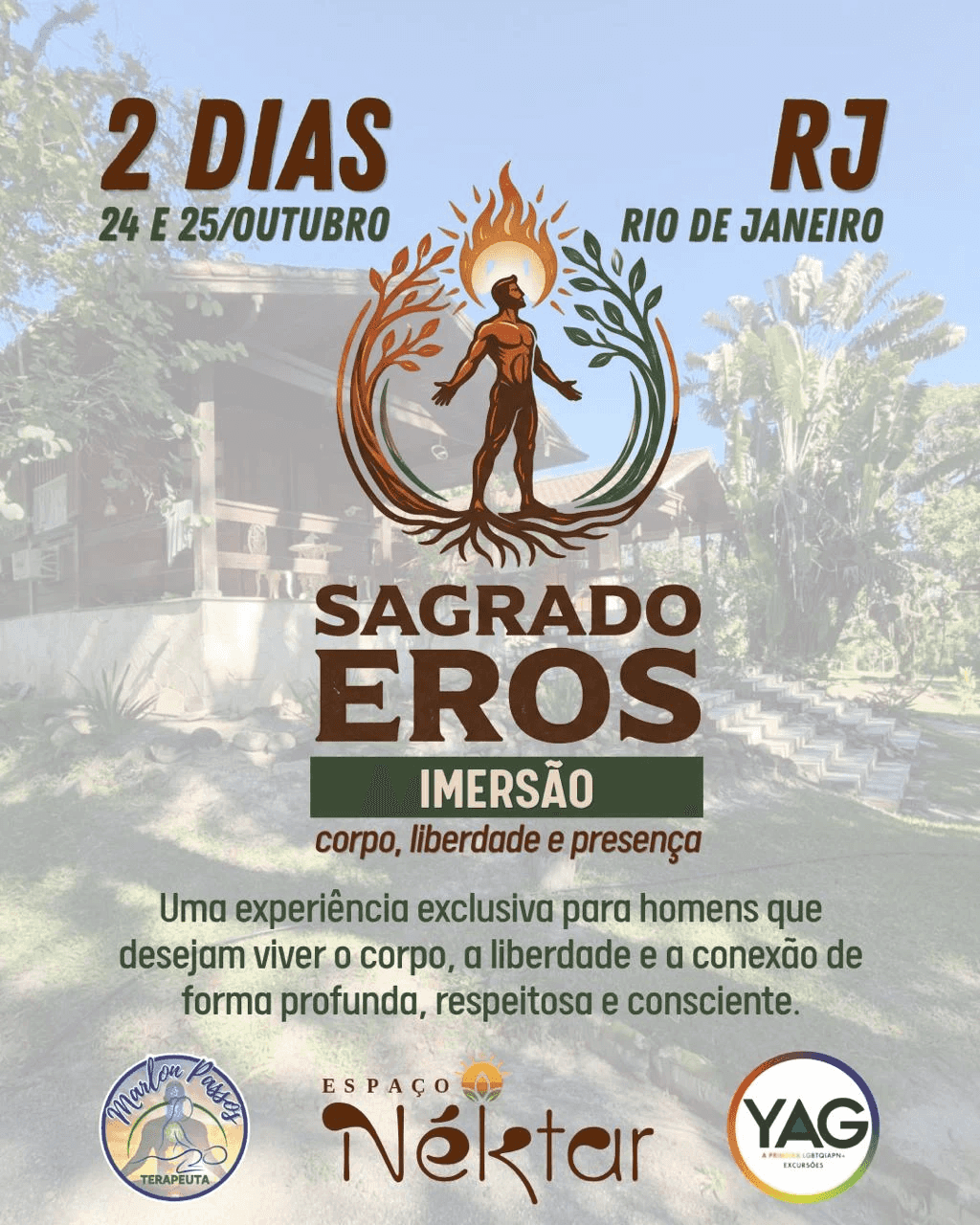 Cartaz do Sagrado Eros — imersão de 2 dias, 24 e 25 de outubro, Rio de Janeiro: corpo, liberdade e presença